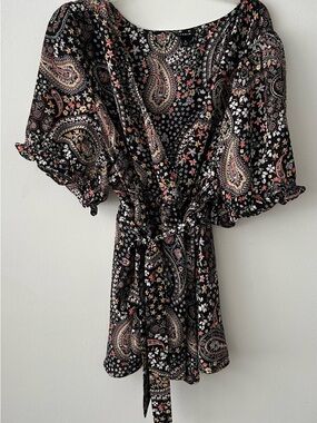 Black Paisley Wrap blouse with Puff Sleeves